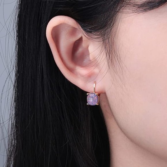 14K Square Opal Hoops Earrings - Picture 4 of 4